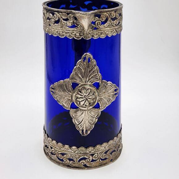 Cobalt Blue Pitcher with Silver Toned Filigree - Picture 1 of 15